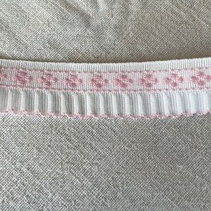 5 yards of white riffled ribbon, white with pink floral embroidery motif